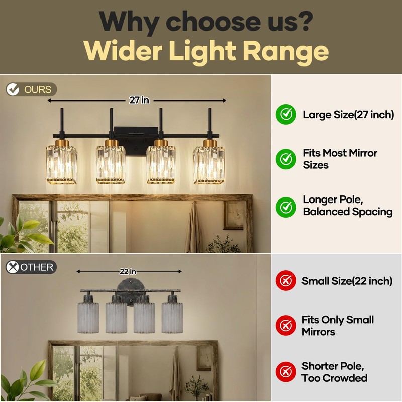 Torondo Modern Crystal Bathroom Vanity Light 4-Lights Gold Bathroom Light