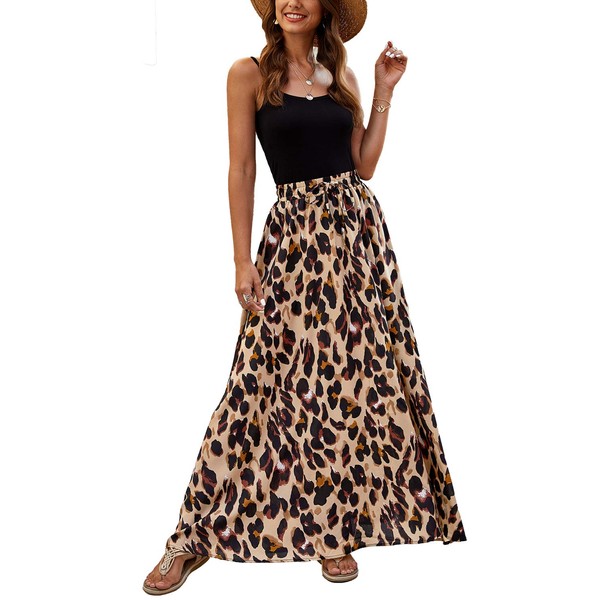 Bluetime Women Casual Leopard Print Boho Long Skirts Pleated High