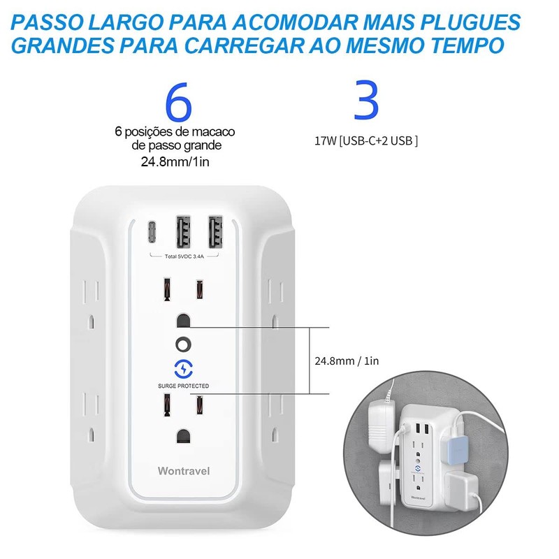 RENDIN Multicontacto,Enchufe de Carga de Tres Lados,Regleta Multicontacto Multifuncional,con USB