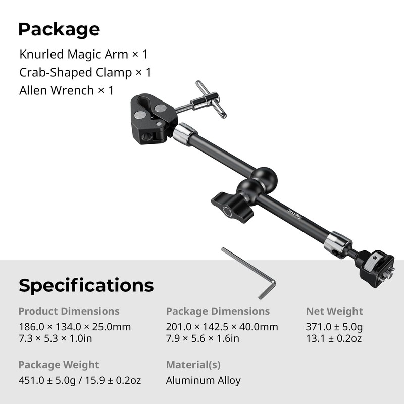 SMALLRIG 11" Magic Arm with Crab Shaped Clamp, Arm with