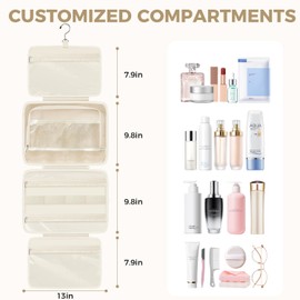 prezon Toiletry Bag For women,Portable Hanging Organizer,4 Leakproof Compartment for full-sized Conditioner, Brushes Set, Makeup Accessories,Visible and easy to access.L-beige