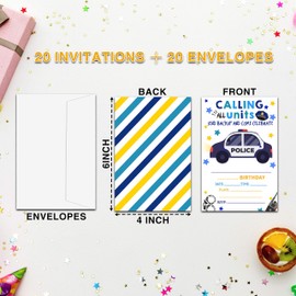 Ycyfckdr Police Birthday Invitations For Kids Girls Boys, Calling All Units Policeman Birthday Party Invitation Cards, Birthday Party Decor Supplies - 20 Fill In Invitations With Envelopes (D18)
