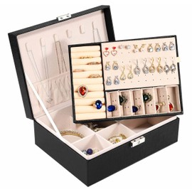 Organizador de joyas,Caja de joyería de Cuero con Cerradura,Portátil Joyero caja de almacenamiento,Caja multifuncional para guardar anillos de joyería, Pendientes, Pulseras, Collares y Reloj (Negro)