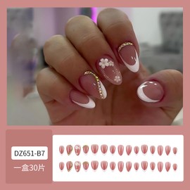 White French Tip Press on Nails 3D Flower Fake Nails Medium Almond False Nails with Designs Glossy Nude Glue on Nail Full Cover Rhinestones Acrylic Nail Cute Stick on Nails for Women Girls 24Pcs