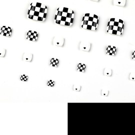 Vezocim Press on Toenails with Black White Checkerboard Designs, 24Pcs Artificial White Fake Nails for Toe, Glossy Full Cover Square Acrylic False Toenails, Glue ons Toenails with Charm for Women