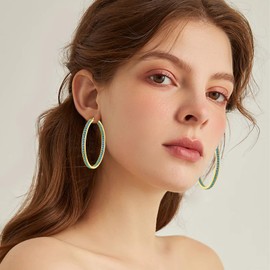 IUITY 2 Inch Large Hoop Earrings for Women Gold Stainless Steel Hypoallergenic Big Hoop Earrings Created Turquoise Hoops Rhinestone Crystal Earrings Christmas Gift Jewelry for Sensitive Ears 50mm