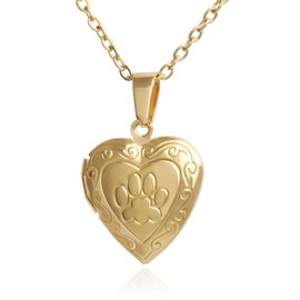 Beixiter Stainless Steel Engraved Paw Print Heart Shaped Locket Pendant Necklace for Women