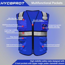 HYCOPROT High Visibility Reflective Safety Vests with Zipper and 8 Pockets, Meets ANSI/ISEA Standards