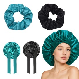 EujRcf 2PCS Satin Bonnet, Silk Bonnet Sleeping Cap For Women, Hair Bonnet for Bath, Sleeping, Adjustable Silk Hair Bonnet, Women’s Nightcap Accessories (Black + Green)