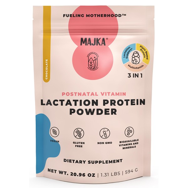 MAJKA Organic Lactation Protein Powder for Nursing Moms, Breastfeeding Safe Supplement for Increased Breast Milk, Complete Postnatal Vitamins, Vegan, Gluten Free, 1.03 LB (Chocolate)