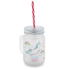 printplanet Drinking Glass with Handle and Straw Printed with Name Emily Layout Flying Unicorn Handle, Satined Glass with Lid and Reusable Drinking Straw