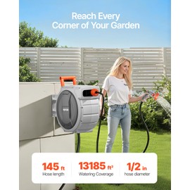 VEVOR Retractable Garden Hose Reel, 1/2 Inch x 145 ft Wall Mounted Hose Reel, Heavy Duty Garden Hose Reel with 9 Patterns Nozzle, Any Length Lock, Upgraded Slow Return System and 180°Swivel Bracket
