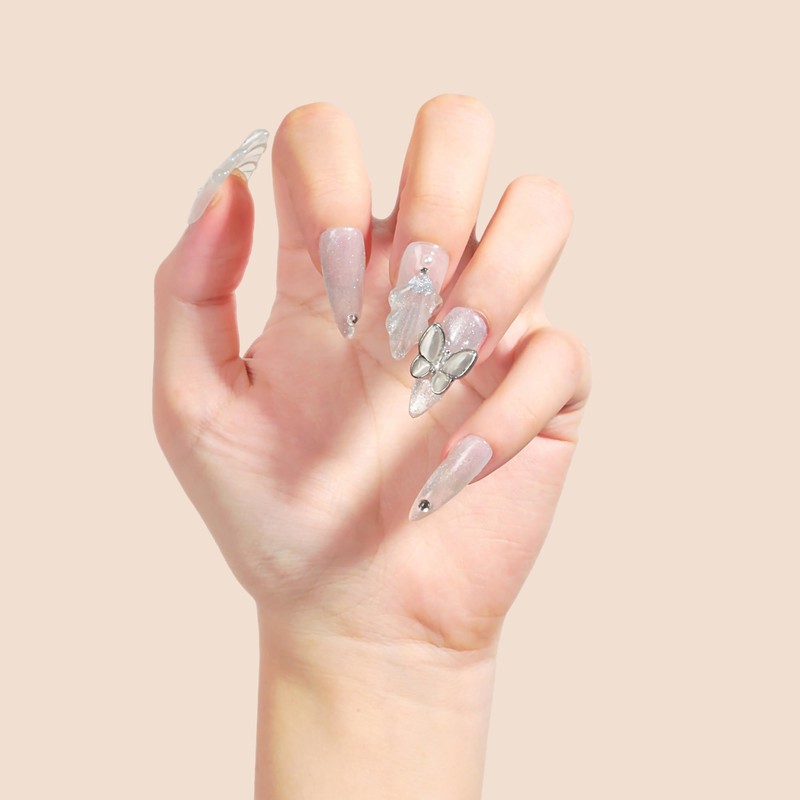 Sun&Beam Nails Handgefertigte Kunstnägel Lang Spitz silberweißes Nägel zum Aufkleben