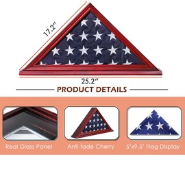 Flag Display Case Triangle Military Shadow Box with Flat Base Fits a Folded 5'x9.5' American Veterans Burial Memorial Funeral Flag Real Glass Front Wall Mountable Solid Wood Military Flag Case, CHERRY