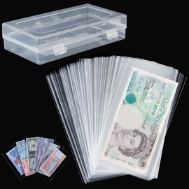 100 PCS Currency Sleeves - Clear Dollar Holder with Storage Box Banknote Protector for Paper Money Bills Stamps Collection Supplies