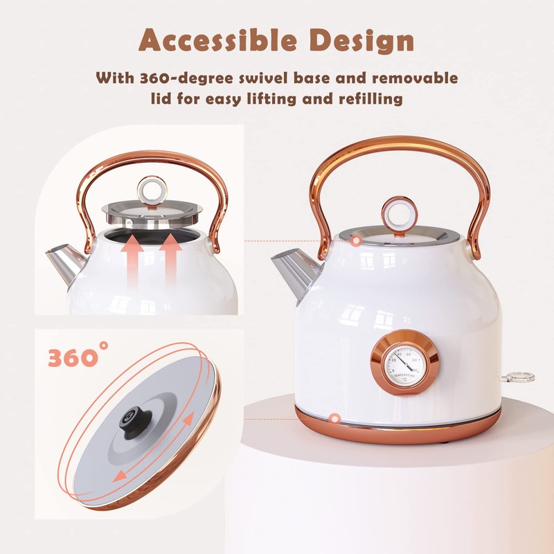 Retro Electric Kettle, 1.7L Stainless Steel Tea Kettle with Large