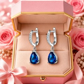 Aretes Plata 925 Mujer Gota Zirconia Azul Profundo Elegante