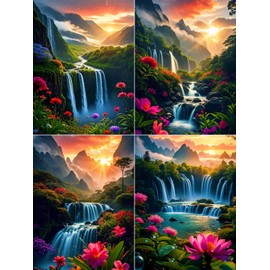 PINFFSHU 4-Pack Diamond Painting Kits for Adults Beginners: 5D Breathtaking Waterfall, Mountain Landscape with Floral Accents - DIY Full Drill Diamond Art Kits, Sparkling Home Wall Decor 12x16 Inches