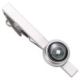 HAWSON Compass Tie Clips for Men Unique, Vintage Matte Silver Tie Bar Interest Tie Pins for Men 2.2 Inch, Travel Theme Weddings Business