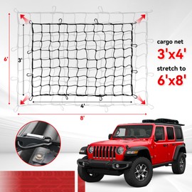Reniteco Heavy-Duty 3'x4' Cargo Net Stretches to 6'x8' - Secures Heavy Loads with 12 Metal Carabiners, 4"x4" Mesh, Weather-Resistant & Includes Storage Bag for Trucks, SUVs, Jeeps, Trailers & Boats