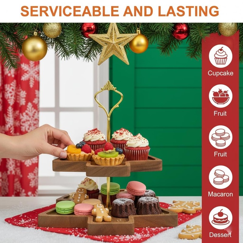 Christmas Tree 2-Tier Wood Serving Tray – Acacia Wooden Tiered