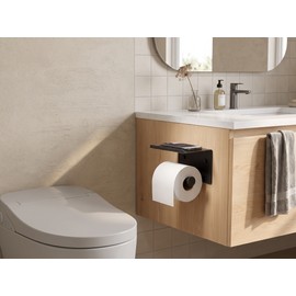 Wall-Mounted Toilet Paper Holder with Shelf – Black Stainless Steel Roll Organizer for Modern Bathrooms