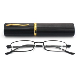EYE ZOOM Ultra Slim Compact Lightweight Tube Reading Glasses with Portable Clip Aluminum Case, Black, Strength +2.25