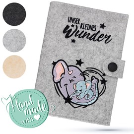 Emadele Mother Child Passport Cover Elephant 'Unser Kleines Wunder' Light Grey Felt Handmade Maternity Log Cover Organiser Compartments for Ultrasound Images, Vaccination Certificate Cover Format for