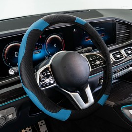 Lyxheth Car Steering Wheel Cover, Steering Wheel Cover Protector, 15 Inch Carbon Fiber Microfiber Leather Elastic Steering Wheel Protector, Car Steering Wheel Accessories for Vehicles (Black Blue)