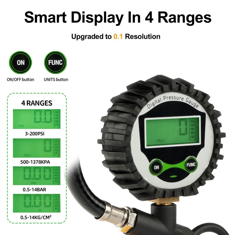 FORNAX Inflador digital de neumáticos con manómetro y manguera de