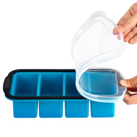 Aichoof 1 Cup Extra Large Silicone Cube Freezing Trays with Silicone lid for soup saver, Silicone Freezer Container for broth,sauce or butter -makes 4 great portions 1cup ice Cube(2 PACK, Blue)
