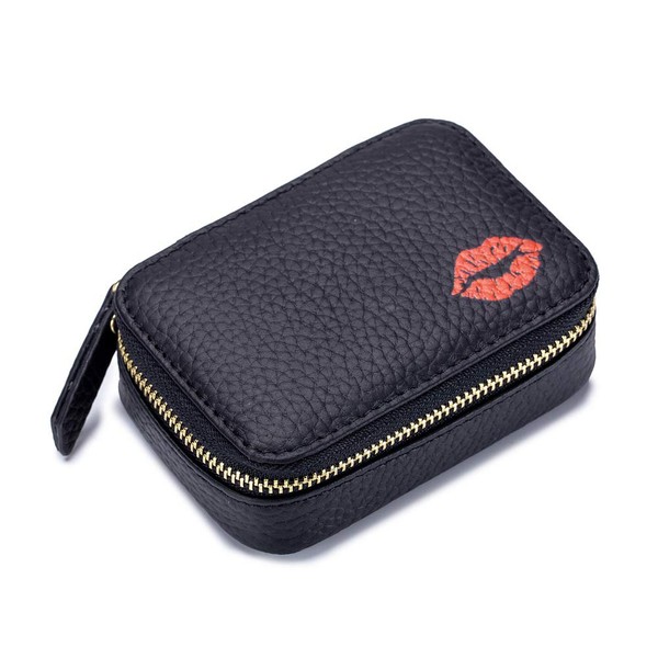 Portable Lipstick Case, aolaso Genuine Leather Lipstick Case with Mirror Mini Cosmetic Storage Bag for Women Girls Gift, black, makeup bag