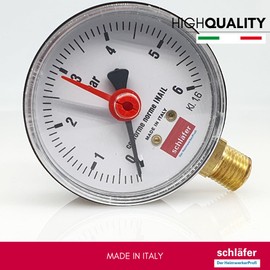 Schläfer 0930164 | Pressure Gauge for Closed Heating Systems, Display Range: 0-6 Bar, Connection from Below, Type 1/4 Inch, Pressure Gauge 4 Bar Diameter 63 mm for Pressure Reducer, Accuracy Class: