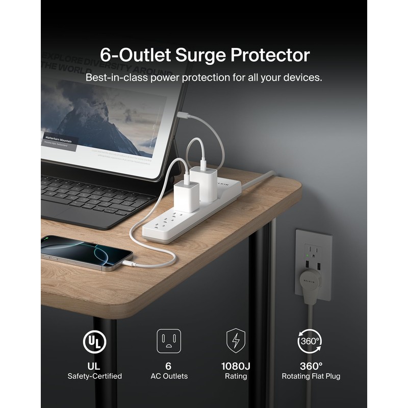 Belkin 6-Outlet Surge Protector Power Strip, 6ft Cord, 360° Rotating