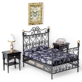1/12 Miniature Dollhouse Bedroom Furniture, 8 pcs Black Style Dollhouse Bedroom Furniture, inc Metal Bed with Mattress & Pillow,2 Wooden Bedside Table,Table Lamps,Books,murals (Bed Set)