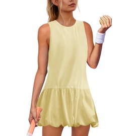 Womens Athletic Tank Mini Dress with Pockets Crew Neck Sleeveless V Back Dress Hot Shot Bubble Set with Shorts Sundress Light Yellow L