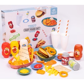 NurtureNature: Imaginative Minds - Fast Food Set - 56pc Toy Food, Burger, Fries, Hot Dog, Soda, Condiments, Kitchen Pretend Play Accessories, Kids 3+