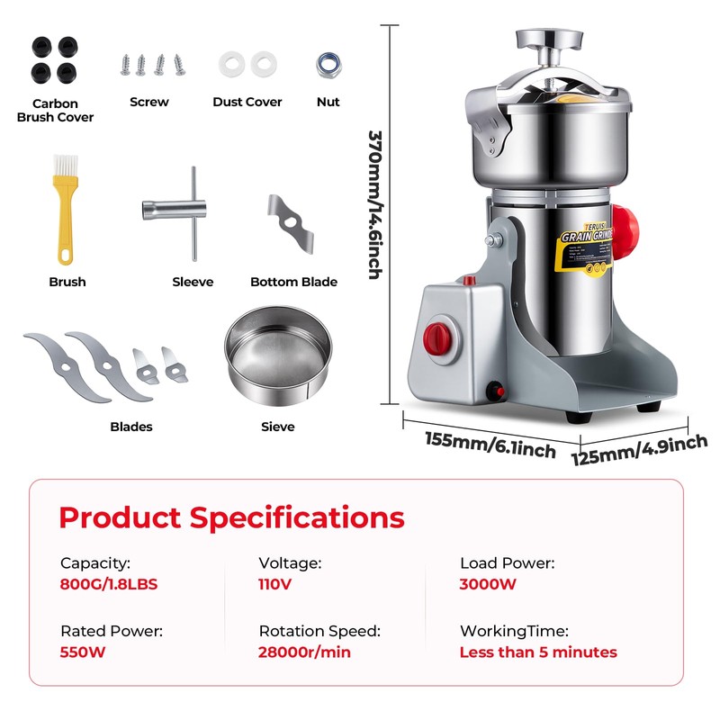 TERUISI Grain Mill Grinder, 800g Electric Grain Mill for Flour,
