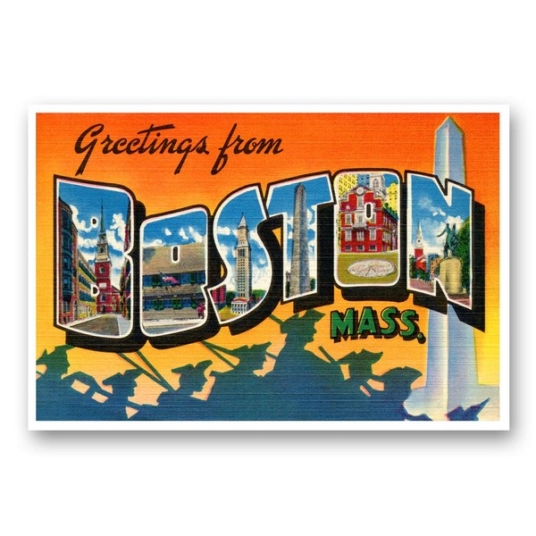 GREETINGS FROM BOSTON, MA vintage reprint postcard set of 20 identical postcards. Large letter Boston, Massachusetts city name post card pack (ca. 1930's-1940's). Made in USA.