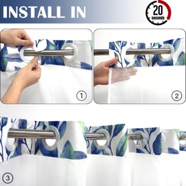 TWLSNCD No Hook Shower Curtain with Snap in Liner Set, Blue Eucalyptus Leaf Butterfly Bath Curtain with Botanical Plant for Bathroom, 71x74 Inches