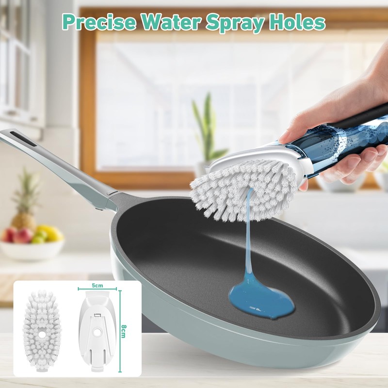 Dish Brush with Plastic Handle Built-in Scraper, Replaceable Brush Scrubbing