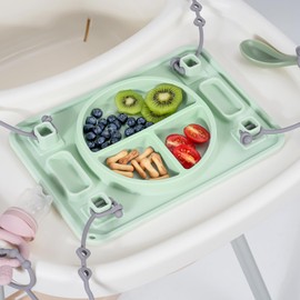 Platinum Food Grade Silicone Plates with Strong Suction for Baby & Toddlers, Baby Placemats with 4 Toy Straps to Secure Baby Essentials, Baby Led Weaning, Self Feeding, Dishwasher Safe (Green)