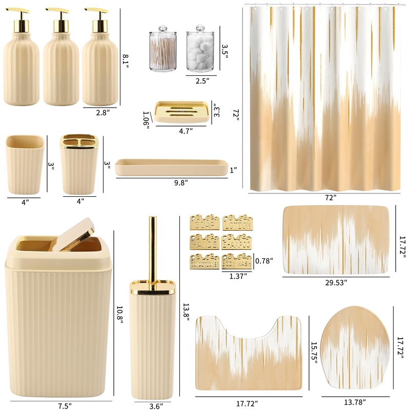 WSBArt 32PCS Bathroom Sets with Shower Curtain and Rugs-Beige Bathroom