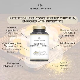 N2 Natural Nutrition Turmeric 10.000 mg Curcumin 95% with Black Pepper Bioperine?, Probiotics 2 Billion UFC & Ginger, 130 Days of CurQreal?, Prebiotics, Anti-inflamatory, Antioxidant, N2 Natural Nutrition