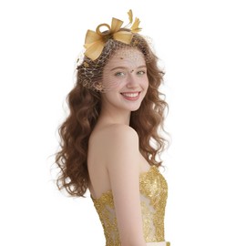 JNGUOSICN Fascinator Hat for Women Wedding Headband Elegant Feather Net Mesh Headwear Bridal Feather Hair Clip Accessories Retro Cocktail Tea Party Church Derby Hat Gold