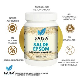 Sulfato De Magnesio 1 kg | Sal De Epsom | Suplemento Alimenticio | Saisa Herbal | Sin Aroma para baños | Ayudar a aliviar el dolor y la tensión muscular, laxante para tratar el estreñimiento
