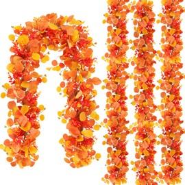 N&T NIETING 4 Pack Fall Eucalyptus Garland with Lights, 6FT Artificial Orange Eucalyptus Garland, Battery Operated Twig Vine Fall Decorations for Home Thanksgiving Table Fireplace Mantle Party Outdoor