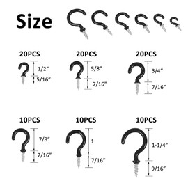 Romeda 90 Pcs Black Ceiling Hooks kit, 6 Sizes Vinyl Coated Screw-in Ceiling Hooks, Plant Hooks Kitchen Hooks Cup Hooks Ceiling Hooks for Hanging (1/2", 5/8",3/4",7/8",1'',1-1/4")