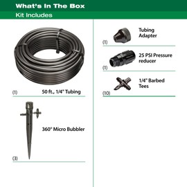 Rain Bird POTTEDKIT Drip Irrigation Container/Potted Plant Watering Kit, Connects to Faucet/Garden Hose, 1/4" Drip Tubing, 360° Micro Bubblers, T-Fittings and Pressure Regulator