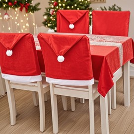 RJODZI Christmas Chair Covers, 4 Pcs Christmas Chair Covers, Santa Hat Chair Covers, Christmas Decoration for Dining Room, Kitchen, Restaurant Decoration (Red, 4PCS)
